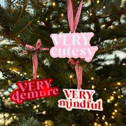 Very Demure Mindful Cutesy Christmas Tree Decoration - Red White Pink Acrylic Slogan Baubles Clashing Colours Bright Colourful - thumbnail 1