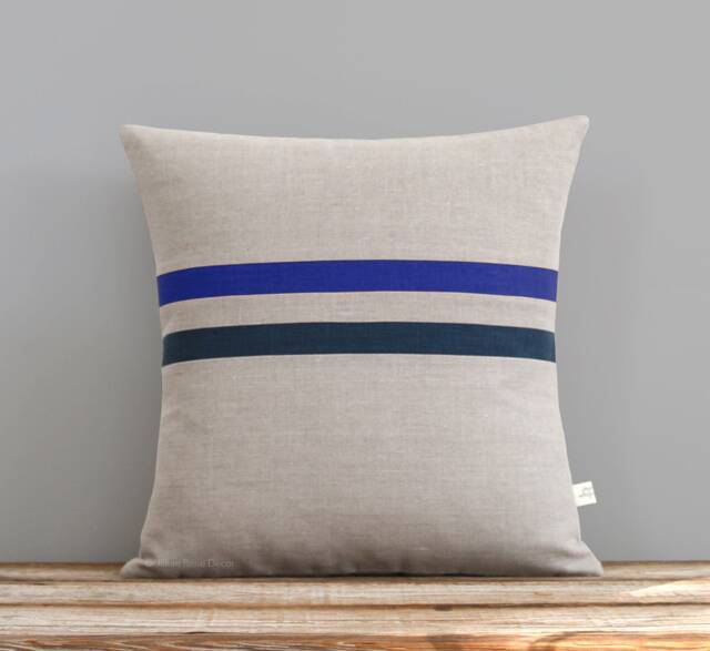 Cobalt Blue & Navy Striped Linen Pillow Cover 16x16 - Modern Home Decor By Jillianrenedecor Monaco - image 1