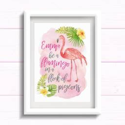 Personalised Flamingo Girls Room Print. Be A in Flock Of Pigeons With Name. Bedroom Wall Art Print, Or Nursery - thumbnail 1