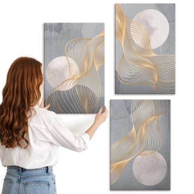 Canvas Set Of 3 - Patterns With Waves & Circles On A Gray Background, Large Wall Art, Abstract Hanging Piece - image 1