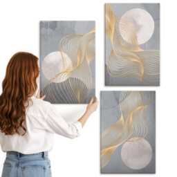 Canvas Set Of 3 - Patterns With Waves & Circles On A Gray Background, Large Wall Art, Abstract Hanging Piece - thumbnail 1