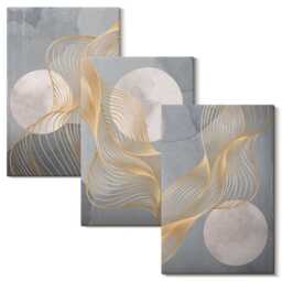 Canvas Set Of 3 - Patterns With Waves & Circles On A Gray Background, Large Wall Art, Abstract Hanging Piece - thumbnail 2