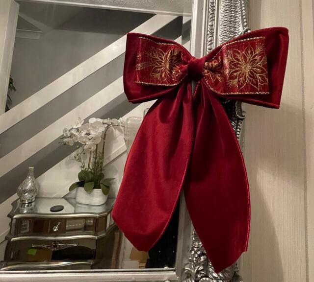 Luxury Burgundy Velvet/Glitter 10 Inch Bow With Back Tie. Christmas, Wreaths, Decor - image 1