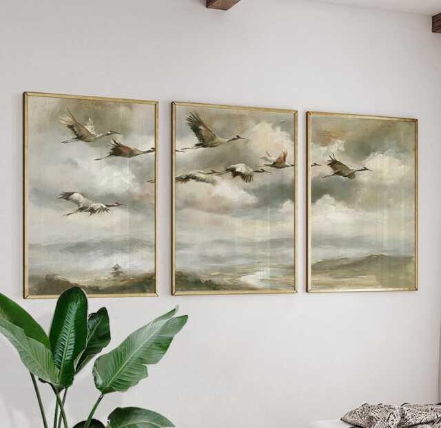 Crane Mountain Trio, Misty Landscape Wall Art Set - image 1