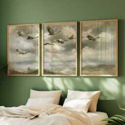 Crane Mountain Trio, Misty Landscape Wall Art Set - thumbnail 2