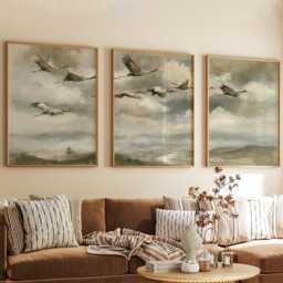 Crane Mountain Trio, Misty Landscape Wall Art Set - thumbnail 4