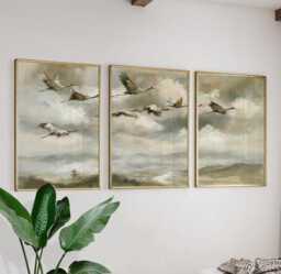 Crane Mountain Trio, Misty Landscape Wall Art Set - thumbnail 1