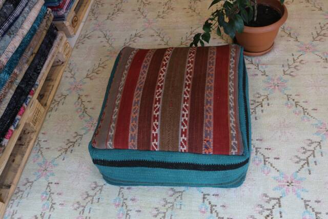 Handmade Kilim Rug Pouf, Square Ottoman, Vintage Turkish Wool - image 1