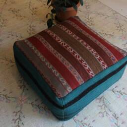 Handmade Kilim Rug Pouf, Square Ottoman, Vintage Turkish Wool - thumbnail 3
