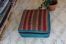 Handmade Kilim Rug Pouf, Square Ottoman, Vintage Turkish Wool - thumbnail 1