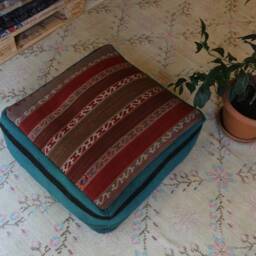 Handmade Kilim Rug Pouf, Square Ottoman, Vintage Turkish Wool - thumbnail 2