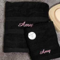Personalised Black Hand Towel & Face Flannel Set - Custom Embroidered Gift For Your Bathroom, Guest Room Or Friends Family Birthdays - thumbnail 2