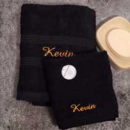Personalised Black Hand Towel & Face Flannel Set - Custom Embroidered Gift For Your Bathroom, Guest Room Or Friends Family Birthdays - thumbnail 3