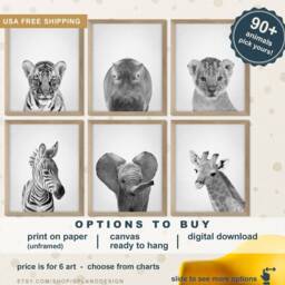 Baby Animal Prints For Nursery Black & White, Safari Print Set, Animals Wall Art, Decor, Jungle - thumbnail 2