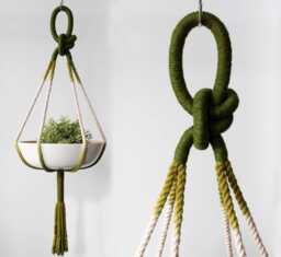 Olive Green Macrame Plant Hanger Handmade Cotton Color Block Planter