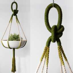 Olive Green Macrame Plant Hanger Handmade Cotton Color Block Planter - thumbnail 2