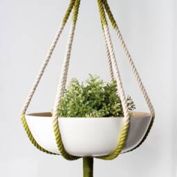 Olive Green Macrame Plant Hanger Handmade Cotton Color Block Planter - thumbnail 3