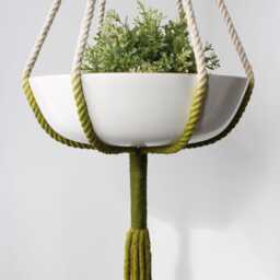Olive Green Macrame Plant Hanger Handmade Cotton Color Block Planter - thumbnail 4