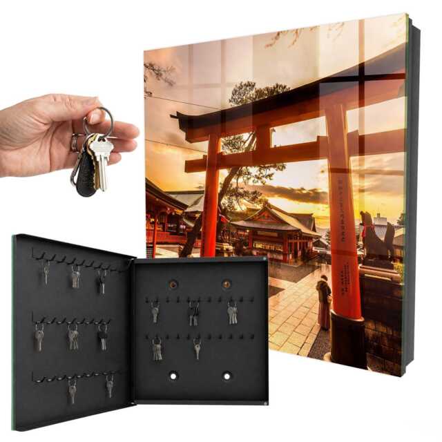 Japanese Gate Wall Mounted Key Cabinet, Orange Box For Home, Photographic Architecture, Lovers Of Culture - image 1