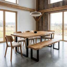 Set Table & Bench Firsby Sq Live Edge Dining Rustic Solid Wood Industrial Steel Legs Cotswold