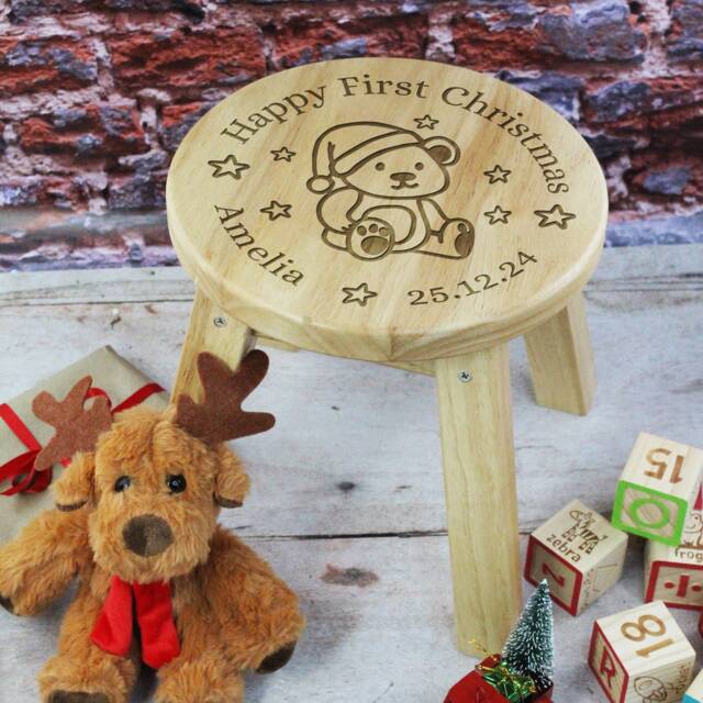 Happy First Christmas Stool With Name, Personalised Child's Wooden Baby Chair, 1St Gift For Daughter Son Godson Goddaughter - image 1