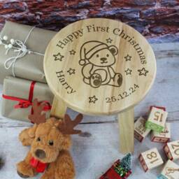 Happy First Christmas Stool With Name, Personalised Child's Wooden Baby Chair, 1St Gift For Daughter Son Godson Goddaughter - thumbnail 3