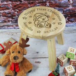 Happy First Christmas Stool With Name, Personalised Child's Wooden Baby Chair, 1St Gift For Daughter Son Godson Goddaughter