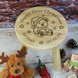 Happy First Christmas Stool With Name, Personalised Child's Wooden Baby Chair, 1St Gift For Daughter Son Godson Goddaughter - thumbnail 4