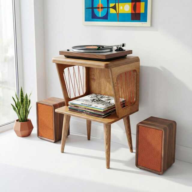 Mid Century Modern Turntable Stand, Birch Plywood Record Player Cabinet - image 1