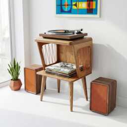 Mid Century Modern Turntable Stand, Birch Plywood Record Player Cabinet