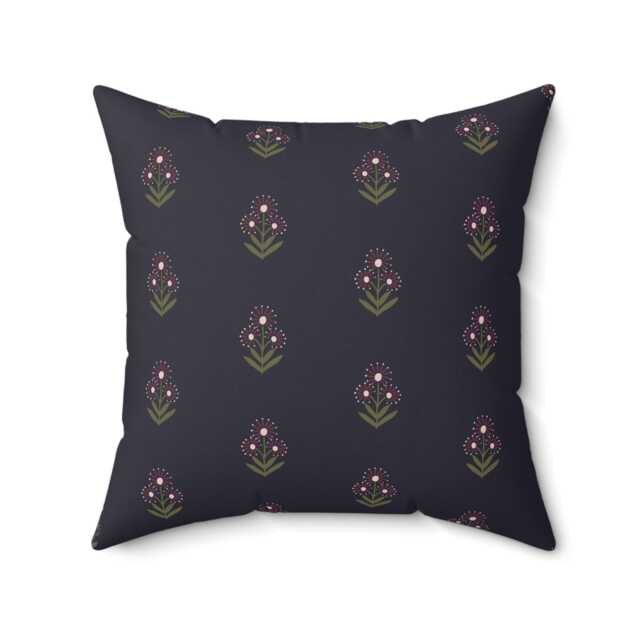 Square Throw Pillow, Boho Floral Block Print, Navy Sage Burgundy, Nursery Decor, Flowers Decorative Bohemian Room Neutrals - image 1