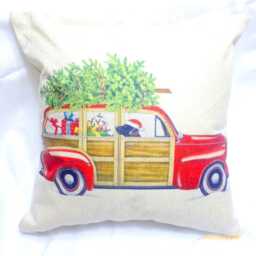 Black Lab Christmas Pillow Cover Red Woody Car With Tree & Gifts - thumbnail 1
