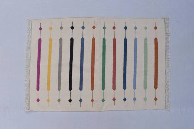 2x3, 2x4 Off White & Multi Colour Stripes Modern Cotton Hand Woven Small Size Rug - image 1