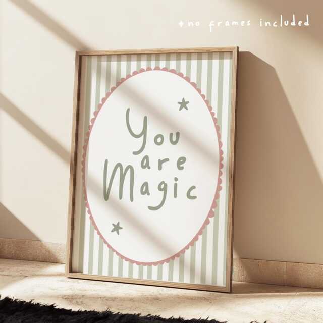 You Are Magic Stripey Print in Sage Green & Pink, Children's Bedroom, Girl Nursery, Vintage Style - image 1