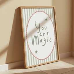 You Are Magic Stripey Print in Sage Green & Pink, Children's Bedroom, Girl Nursery, Vintage Style - thumbnail 3