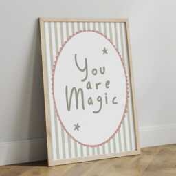 You Are Magic Stripey Print in Sage Green & Pink, Children's Bedroom, Girl Nursery, Vintage Style - thumbnail 2