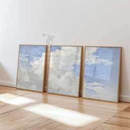 Set Of 3 Cloud Wall Art Prints, Soft Pastel Sky Posters, Minimalist Nature Inspired Decor For Living Room - thumbnail 3