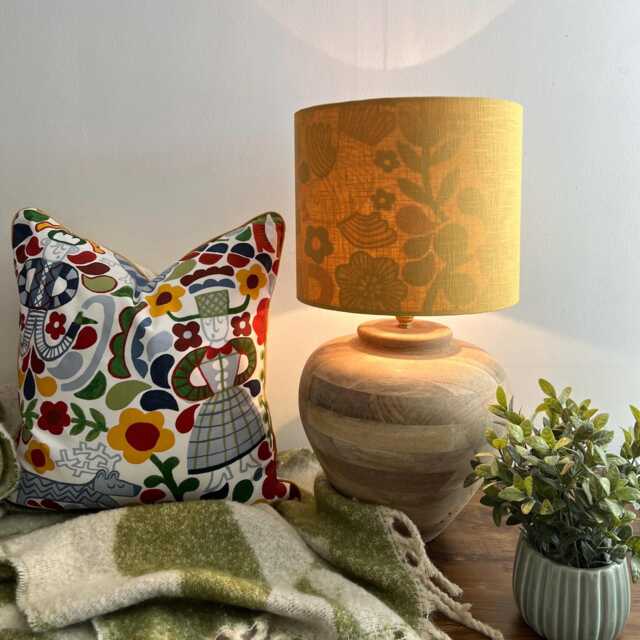 Mustard Linen Drum Lampshade/ Ceiling Shade Folk Art Colourful Cotton Interior - image 1