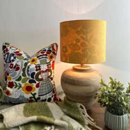 Mustard Linen Drum Lampshade/ Ceiling Shade Folk Art Colourful Cotton Interior - thumbnail 1