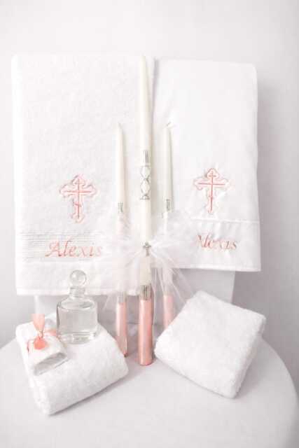 Personalized Baptism Set - Towels, Candles, Oil Sheet For Greek Orthodox Baptism, Embroidered Or Monogrammed With Soap & Bottle - image 1