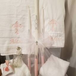 Personalized Baptism Set - Towels, Candles, Oil Sheet For Greek Orthodox Baptism, Embroidered Or Monogrammed With Soap & Bottle - thumbnail 3