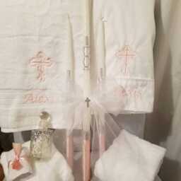 Personalized Baptism Set - Towels, Candles, Oil Sheet For Greek Orthodox Baptism, Embroidered Or Monogrammed With Soap & Bottle - thumbnail 2