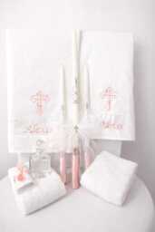 Personalized Baptism Set - Towels, Candles, Oil Sheet For Greek Orthodox Baptism, Embroidered Or Monogrammed With Soap & Bottle