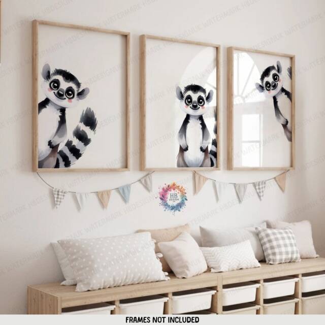 Peeking Lemur Prints - Set Of 3 Nursery Posters - Animal Playroom Decor Gender Neutral Baby Wall Art Peekaboo Bear Poster Print A3/A4 - image 1