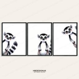 Peeking Lemur Prints - Set Of 3 Nursery Posters - Animal Playroom Decor Gender Neutral Baby Wall Art Peekaboo Bear Poster Print A3/A4 - thumbnail 3