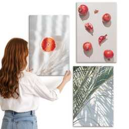 3 Piece Canvas Set - Holiday Tropical Fruits Palm Leaves, Gray Large Wall Art, Plants & Flowers Hanging - thumbnail 3
