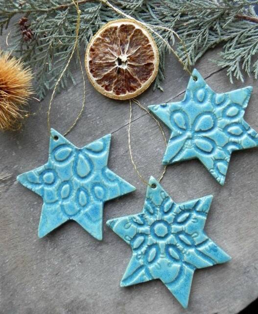 Christmas Stars, 3 Lace Celestial Ornaments, Blue Pottery Gift, Gifts Under 30, Home Decor Country Holiday Star - image 1