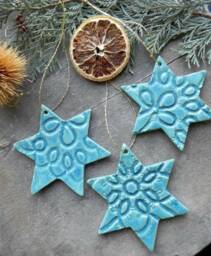 Christmas Stars, 3 Lace Celestial Ornaments, Blue Pottery Gift, Gifts Under 30, Home Decor Country Holiday Star - thumbnail 1