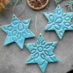 Christmas Stars, 3 Lace Celestial Ornaments, Blue Pottery Gift, Gifts Under 30, Home Decor Country Holiday Star - thumbnail 2