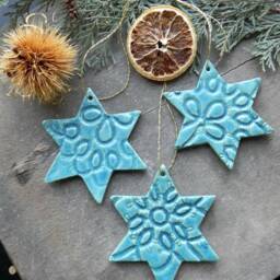 Christmas Stars, 3 Lace Celestial Ornaments, Blue Pottery Gift, Gifts Under 30, Home Decor Country Holiday Star - thumbnail 3